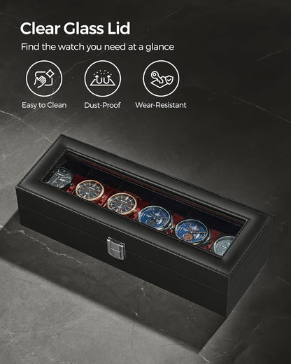 SONGMICS Watch Box, 6-Slot Watch Case, Watch Box Organizer, Black Synthetic Leather, Greenish Gray Lining UJWB06BK