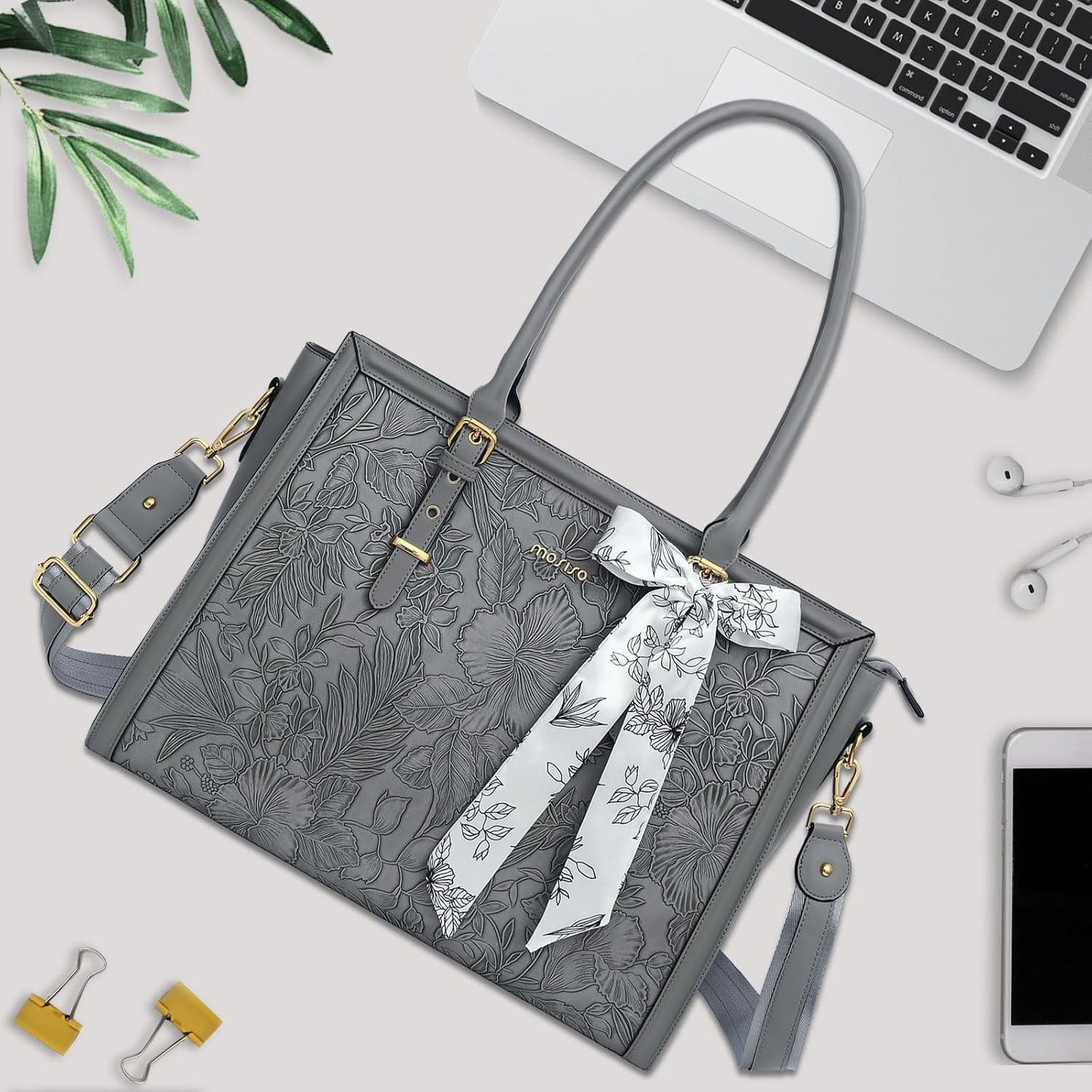 MOSISO Laptop Bag for Women, 17-17.3 inch PU Leathe Tote Bag Compatible with MacBook, HP, Dell, Asus Notebook, Front Embossed Retro Hibiscus Computer Bag with Silk Scarf&Clutch Purse, Gray - PuriLite