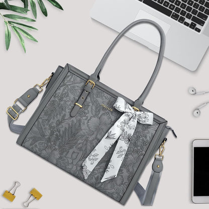 MOSISO Laptop Bag for Women, 17-17.3 inch PU Leathe Tote Bag Compatible with MacBook, HP, Dell, Asus Notebook, Front Embossed Retro Hibiscus Computer Bag with Silk Scarf&Clutch Purse, Gray - PuriLite