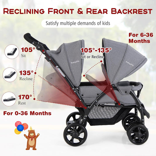 HONEY JOY Double Stroller, Foldable Lightweight Infant Twin Stroller with Tandem Seating, 5-Point Harness, Recline Seat, Storage Basket, Compact Baby Double Stroller Newborn and Toddler (Gray)