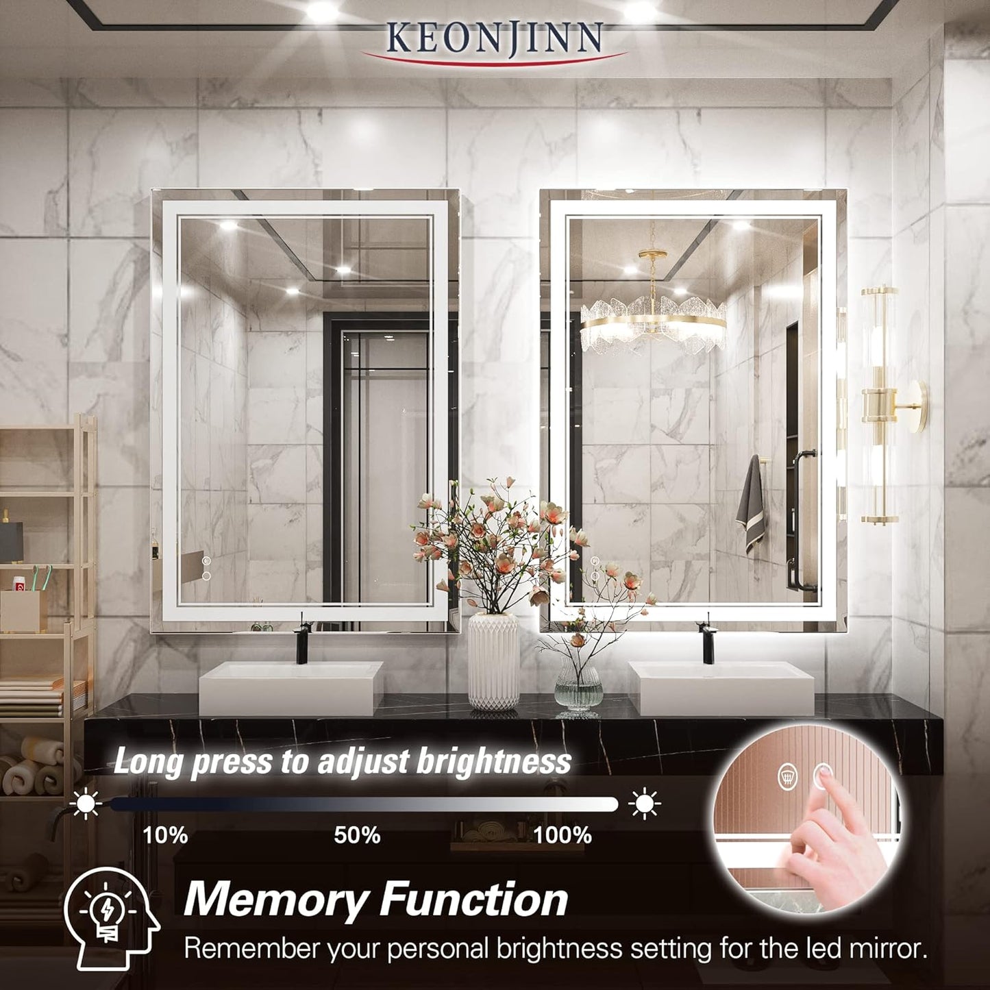 Keonjinn 40 x 24 Inch LED Mirror, Bathroom Mirror with Lights, LED Vanity Mirror, Wall Mounted Anti-Fog Dimmable Lighted Makeup Mirror for Bedroom, IP54 Waterproof (Horizontal/Vertical)