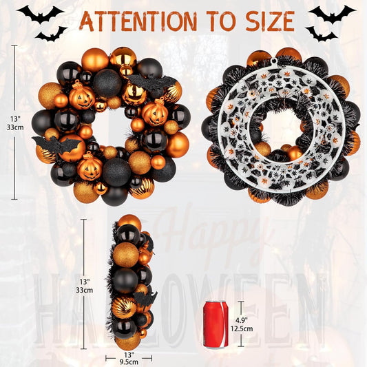 Halloween Wreath for Front Door, 13 inch Small Halloween Ball Wreath with Pumpkins Bats Shatterproof Front Door Wreaths Orange/Black Ball Ornament for Wall Mantel Porch Indoor Outdoor Decor