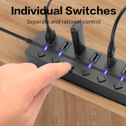 90 Degree USB Hub Splitter YACSEJAO USB 2.0 Data Hub with Individual LED Button On/Off Switch DC5.5 * 2.1 Power Port for Laptop,PC Computer (7 Ports, 1M)