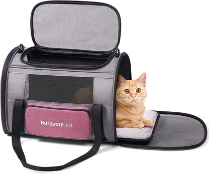 BurgeonNest Cat Carriers for Medium Cats Under 25 lbs, Pet Carrier for Cats with Unique Side Bag,Top Load Small Pet Carrier Soft-Sided Escape Proof with 4 Ventilated Windows