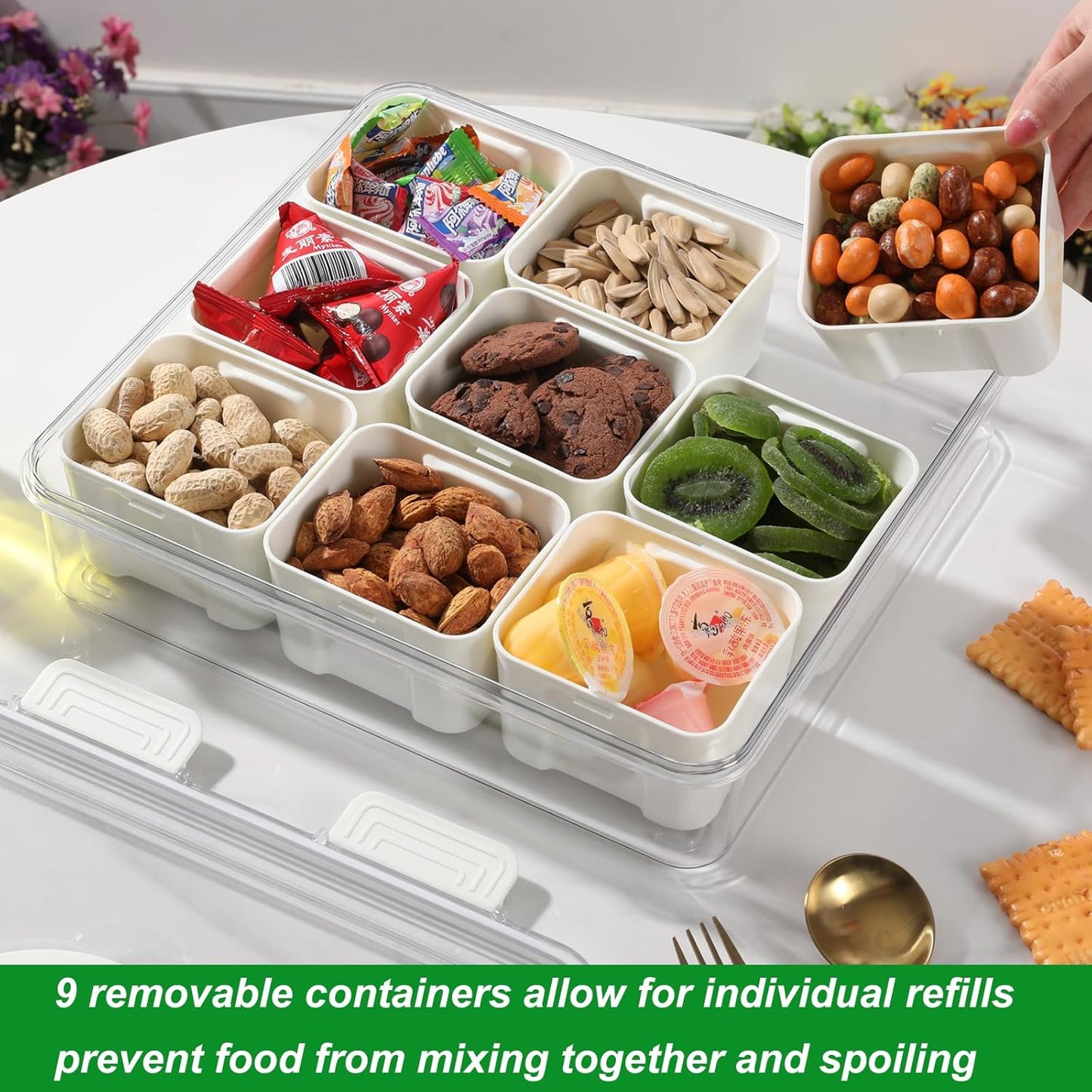 Taiuloo Divided Serving Tray with Lid & Handle, Airtight 6 Compartment Snackle Box Charcuterie Container, Fridge Organizer Bins, Food Storage Container Veggie Tray for Snack, Fruit, Salad, Nut