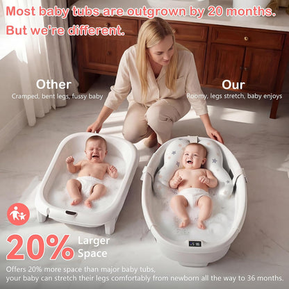 Collapsible Baby Bathtub - Large Baby Bath Tub with Thermometer | Bath Essential Bañera para Bebe Easy Fold Baby Tub | Travel Infant Newborn Toddler Bathtub for Baby Girl Boy 0 to 36 Months (Grey)