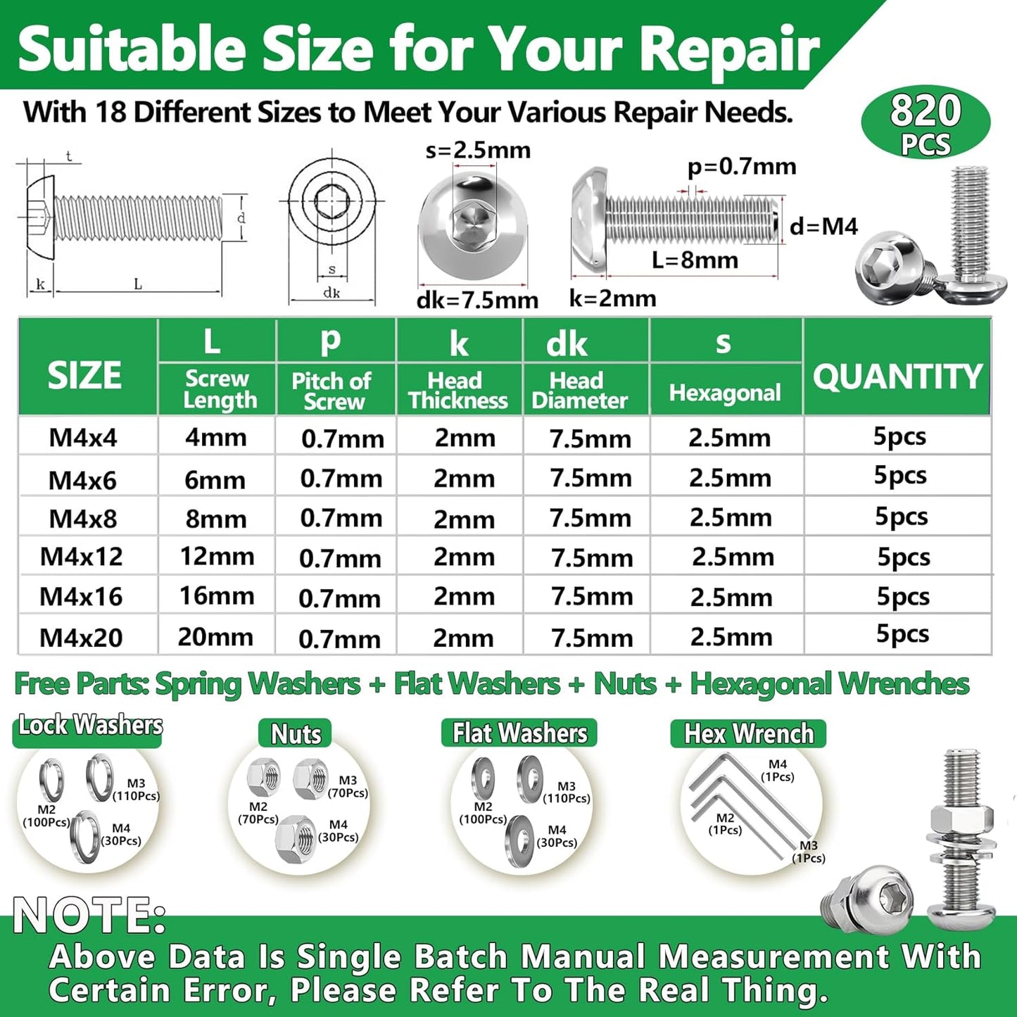 860PCS Metric Screw Assortment Kit, M2 M3 M4 M5 Machine Screws with Lock & Flat Washers, 10.9 Grade Alloy Steel, Metric Hex Button Head Cap Nuts and Bolts Assortment Kit with 4 Wrenches