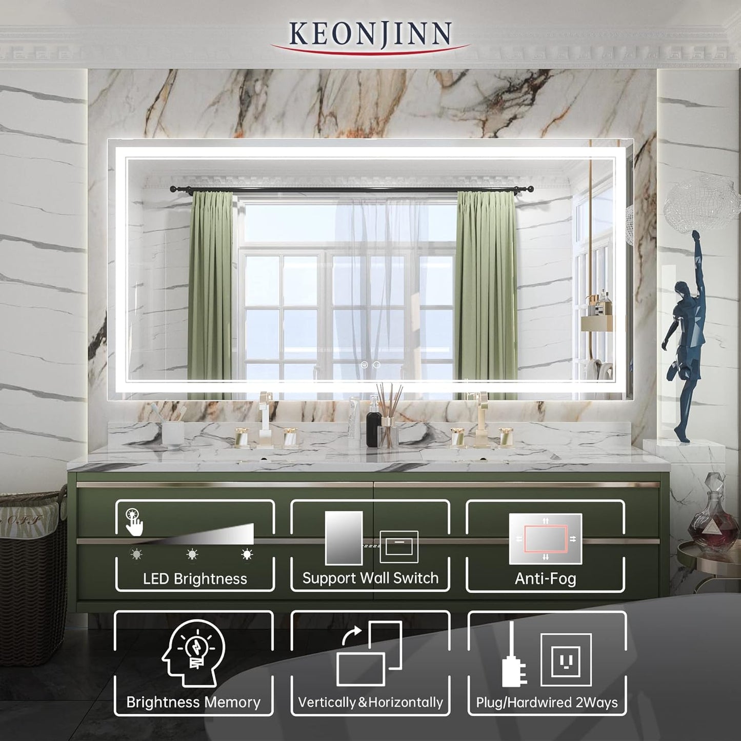 Keonjinn 40 x 24 Inch LED Mirror, Bathroom Mirror with Lights, LED Vanity Mirror, Wall Mounted Anti-Fog Dimmable Lighted Makeup Mirror for Bedroom, IP54 Waterproof (Horizontal/Vertical)