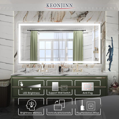 Keonjinn 40 x 24 Inch LED Mirror, Bathroom Mirror with Lights, LED Vanity Mirror, Wall Mounted Anti-Fog Dimmable Lighted Makeup Mirror for Bedroom, IP54 Waterproof (Horizontal/Vertical)