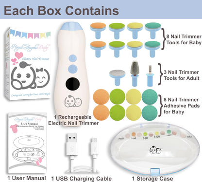 Royal Angels Rechargeable Baby Nail Clippers 20 in 1, Safe Electric Nail Trimmer, Baby Nail Kit, Additional Replacements, Newborn Toddler Toes and Fingernails, Trim and Polish (Rechargeable, Snow)