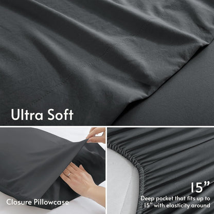JOLLYVOGUE Queen Size Bed Sheet Set - 4 Piece Bed Sheets Set with Deep Pocket - Soft Breathable & Cooling - Resists Shrinkage & Fading Draps Queen - Easy Care (Dark Grey)