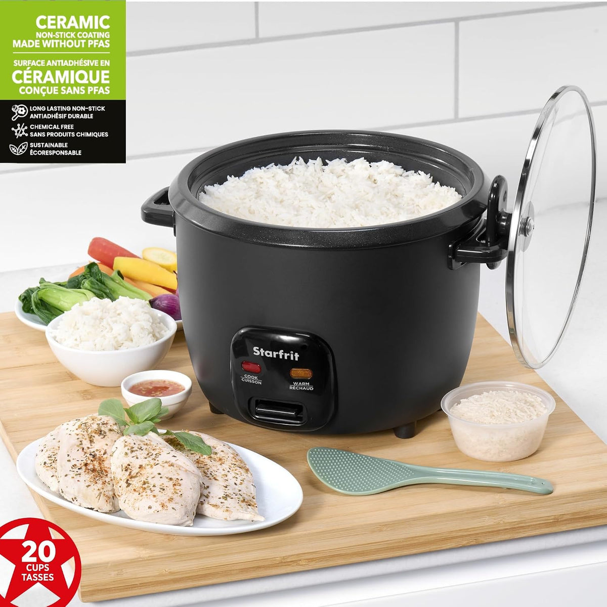 Starfrit Electric Rice Cooker, 20 Cups, PFAS-Free Ceramic, 700W, Grey