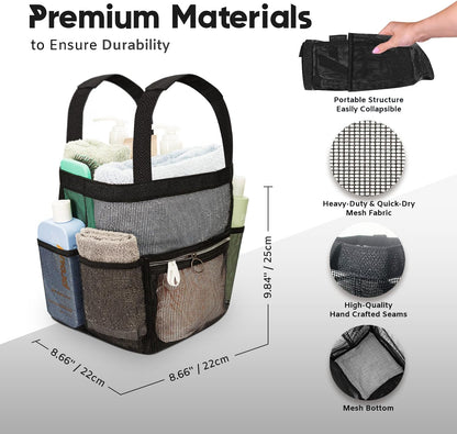 Mesh Shower Caddy Portable 10.2x9.9'' Shower Bag with Zipper & 2 Pockets. Shower Tote Ideal for Gym, Travel, Camp, Beach, for Sunscreen, Dorm & College Essentials (Black)