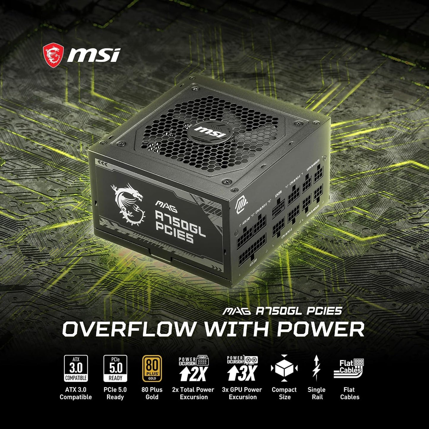 MSI MAG A750GL PCIE 5 Gaming Power Supply - Full Modular - 80 Plus Gold Certified 750W - Compact Size - ATX PSU - PuriLite