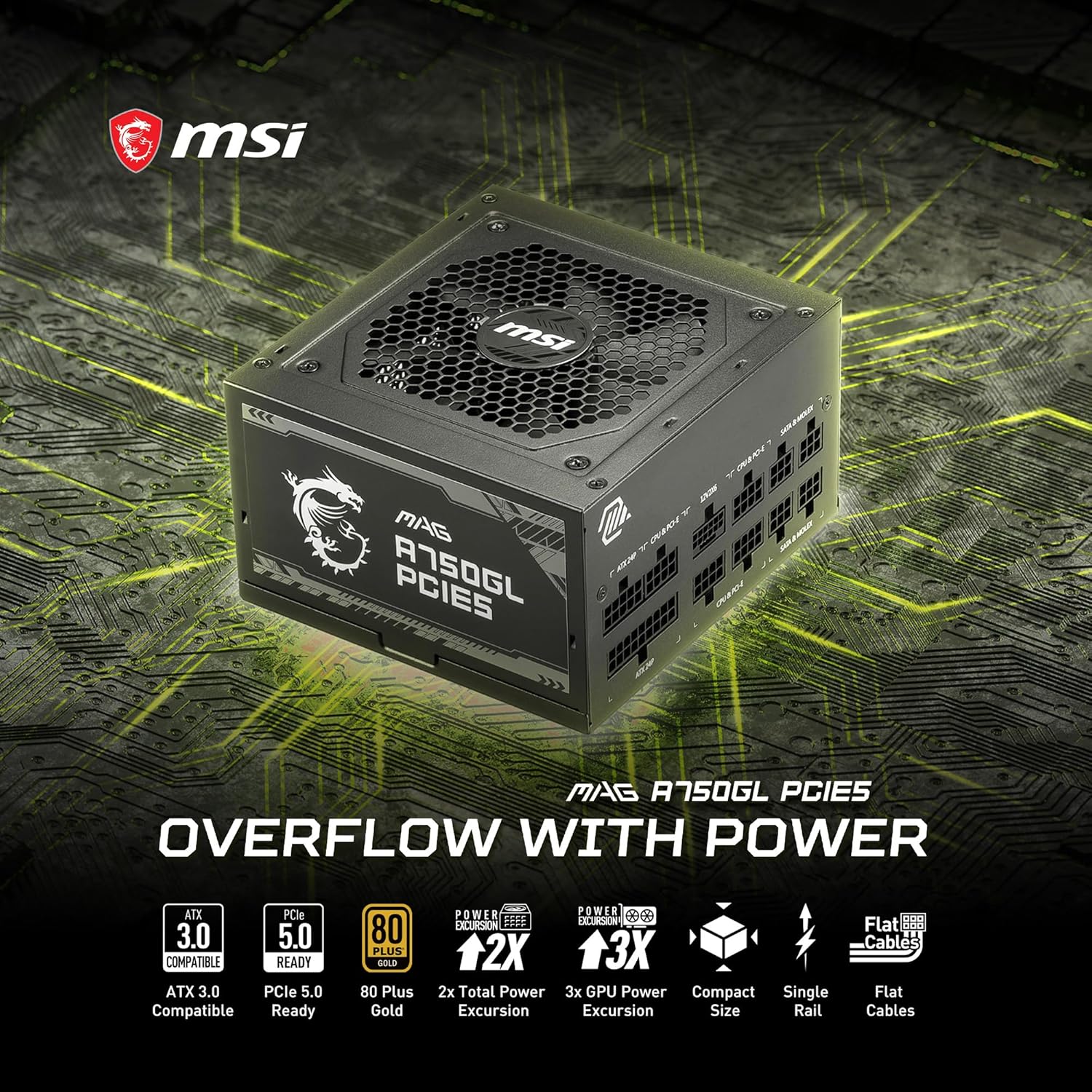 MSI MAG A750GL PCIE 5 Gaming Power Supply - Full Modular - 80 Plus Gold Certified 750W - Compact Size - ATX PSU - PuriLite