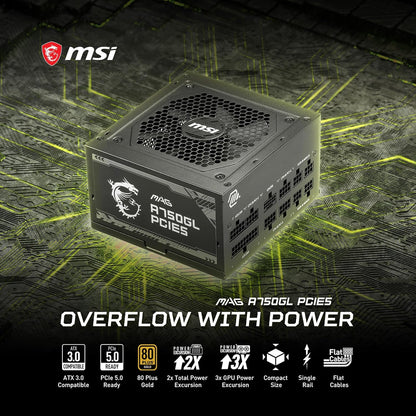 MSI MAG A750GL PCIE 5 Gaming Power Supply - Full Modular - 80 Plus Gold Certified 750W - Compact Size - ATX PSU - PuriLite