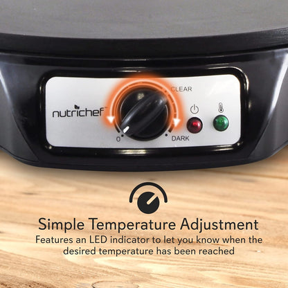 NutriChef Electric Crepe Maker, Cooks Roti, Tortillas, Pancakes, Nonstick Cooktop, 8-inch Cook Area On/Off Switch, Automatic Temperature Control & Cool Touch Handle, Includes Food Bowl, Whisk, Spatula