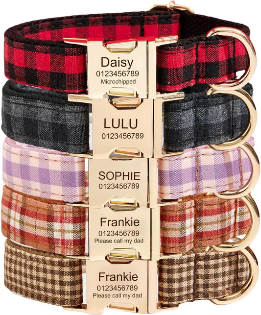 Custom Engraved Dog Collar with Name and Phone Number, Personalized for Small, Medium, and Large Dogs (Plaid)
