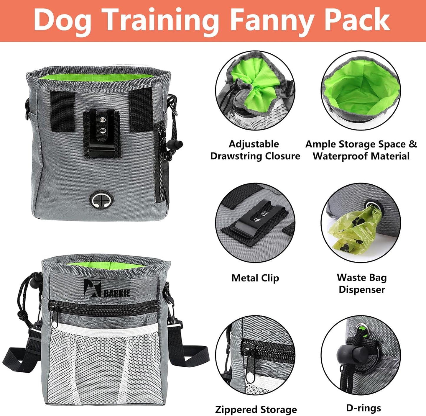Dog Training Kit - Treat Pouch, Pet Training Fanny Pack, 2 Puppy Training Clickers, Ultrasonic Silent Whistle, 2-in-1 Whistle Clicker, Clicker Training Guide Booklet, Dog Poop Bag (Grey)