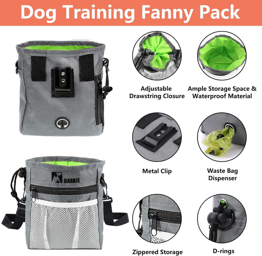 Dog Training Kit - Treat Pouch, Pet Training Fanny Pack, 2 Puppy Training Clickers, Ultrasonic Silent Whistle, 2-in-1 Whistle Clicker, Clicker Training Guide Booklet, Dog Poop Bag (Grey) - PuriLite