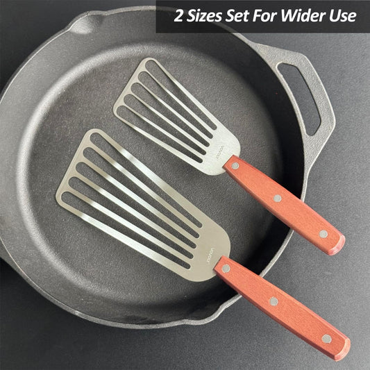 2 Pack Fish Spatula Turner, Stainless Steel Slotted Spatulas for Flipping, Turning, Frying & Grilling, 3"x6"+4"x8" Metal Slotted Spatulas, Wooden Full Tang Handle & Curved Blade - PuriLite