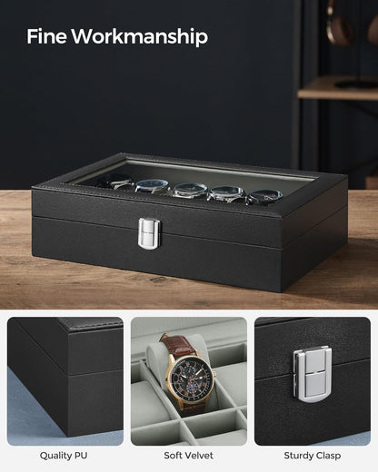 SONGMICS Watch Box, 6-Slot Watch Case, Watch Box Organizer, Black Synthetic Leather, Greenish Gray Lining UJWB06BK