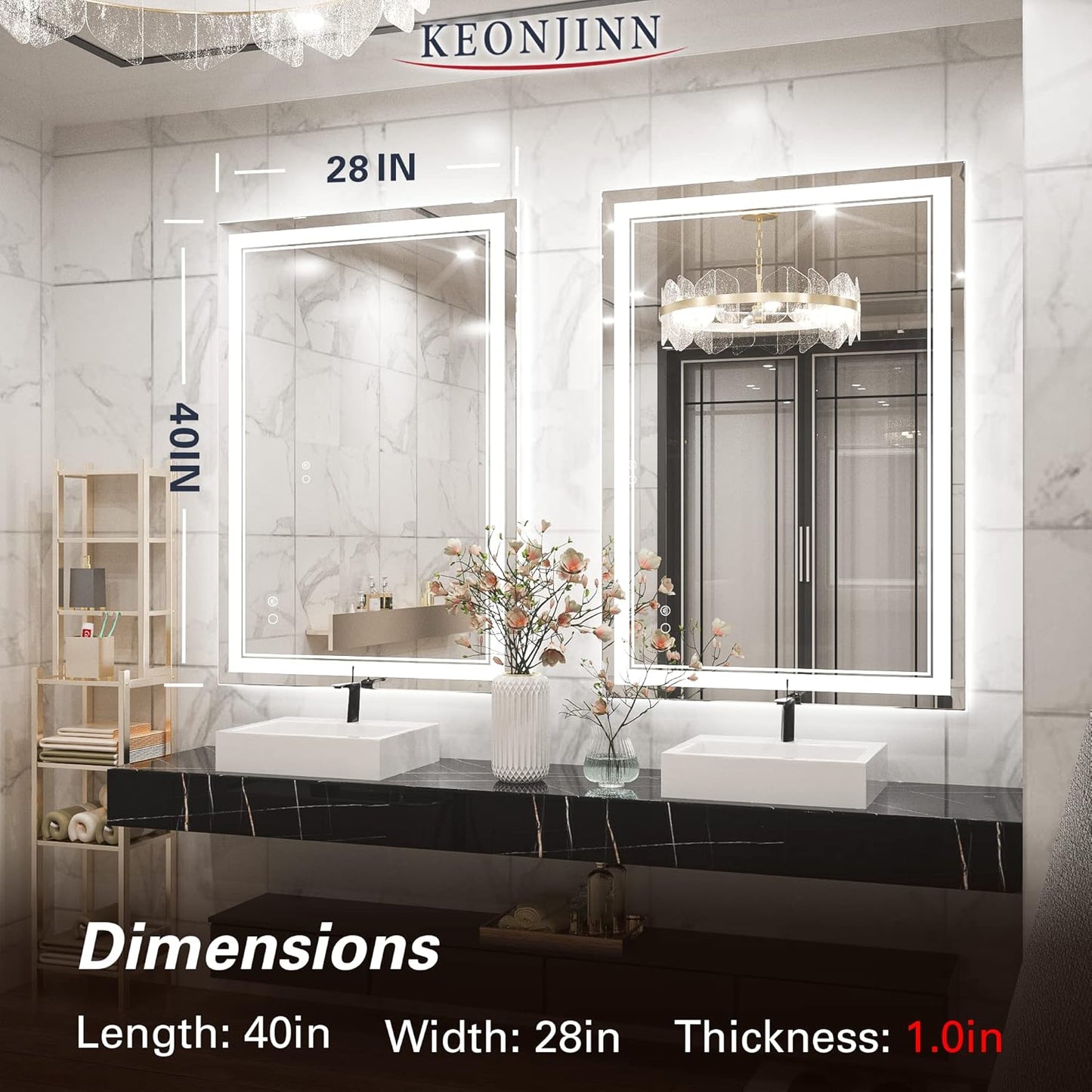 Keonjinn 40 x 24 Inch LED Mirror, Bathroom Mirror with Lights, LED Vanity Mirror, Wall Mounted Anti-Fog Dimmable Lighted Makeup Mirror for Bedroom, IP54 Waterproof (Horizontal/Vertical)