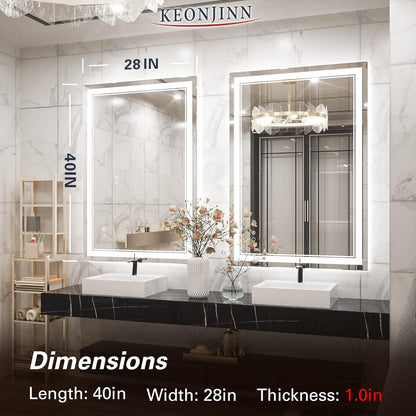 Keonjinn 40 x 24 Inch LED Mirror, Bathroom Mirror with Lights, LED Vanity Mirror, Wall Mounted Anti-Fog Dimmable Lighted Makeup Mirror for Bedroom, IP54 Waterproof (Horizontal/Vertical)