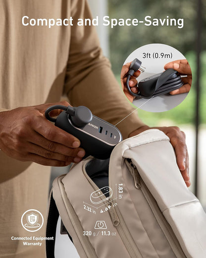 Anker GanPrime 65W Charging Station, 615 USB C Power Strip, 5-in-1 | 2 AC, 2 USB-C and 1 USB-A, 3ft, Power Delivery for iPhone, Galaxy S22, iPad, MacBook, and More