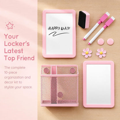 Magnetic Locker Accessories Set, Pink School Supplies, Dry Erase Whiteboard, Mirror, Mesh Pencil Holder, Marker Pen, Magnets, Back to School Essentials, Locker Decorations for Girls, 10 Pcs