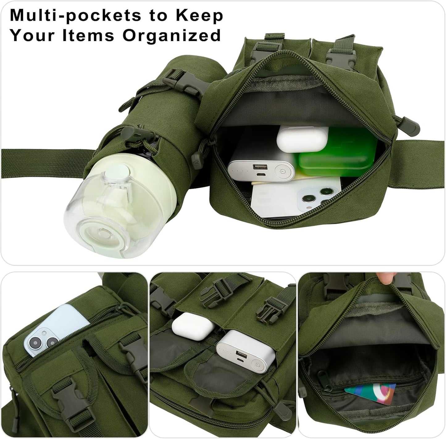 DOB SECHS Hiking Waist Bag with Detachable Water Bottle Holder and Adjustable Waist Belt, Oxford Fanny Pack for Men Women Causal Belt Bag for Travel Outdoor Fishing Running Hiking Hunting, Green