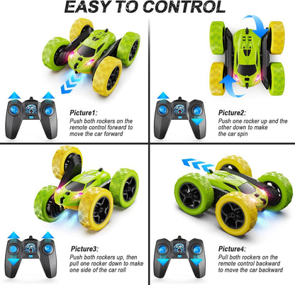 QUNREDA Remote Control Car for Kids Ages 6+, RC Cars Stunt Car Toy 4WD Double Sided 360° Rotating Remote Control with Headlights, Birthday Xmas Gifts for Boys 6 7 8 9 10 11 12 1-Blue