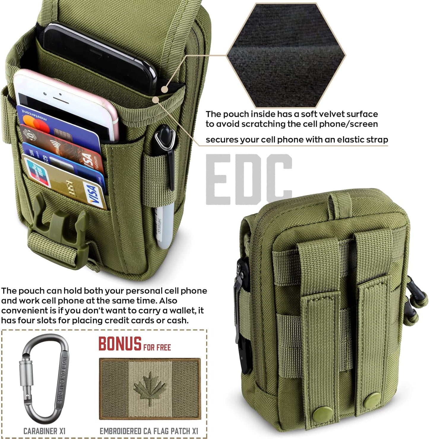 WYNEX Tactical Compass Phone Pouch, Large Molle Smartphone Holster Case Double Capacity Small Utility EDC Pouch with Compass Buckle and Carabiner