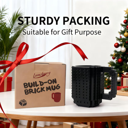 Lumsburry Build-on Brick Coffee Mug, Funny DIY Unique Novelty Drinking Cup | Building Blocks Creative Mug, for Men Women Kids Dad Mom, Present Exchange Ideas, Xmas Birthday White Elephant(Black)