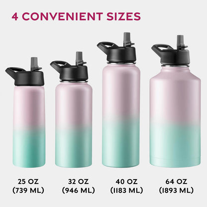 FineDine Water Bottle - Stainless Steel Insulated Water Bottle with Straw Lid, Flip Lid & Wide-Mouth Cap - Keeps Hot and Cold - 25 Oz / 739ml - Pure Pearly White