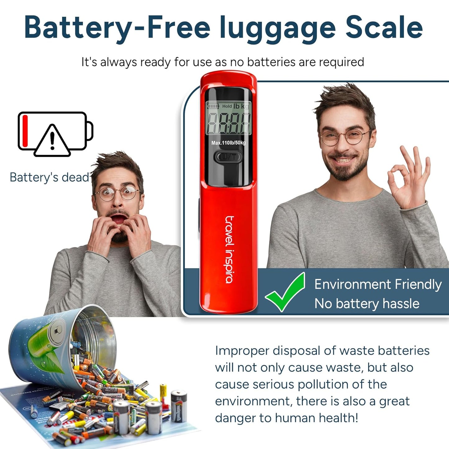 travel inspira Luggage Scale Battery-Free, Travel Essentials, Portable Handheld Digital Suitcase Weight Scale for for Travel Accessories, 110lbs/50kg