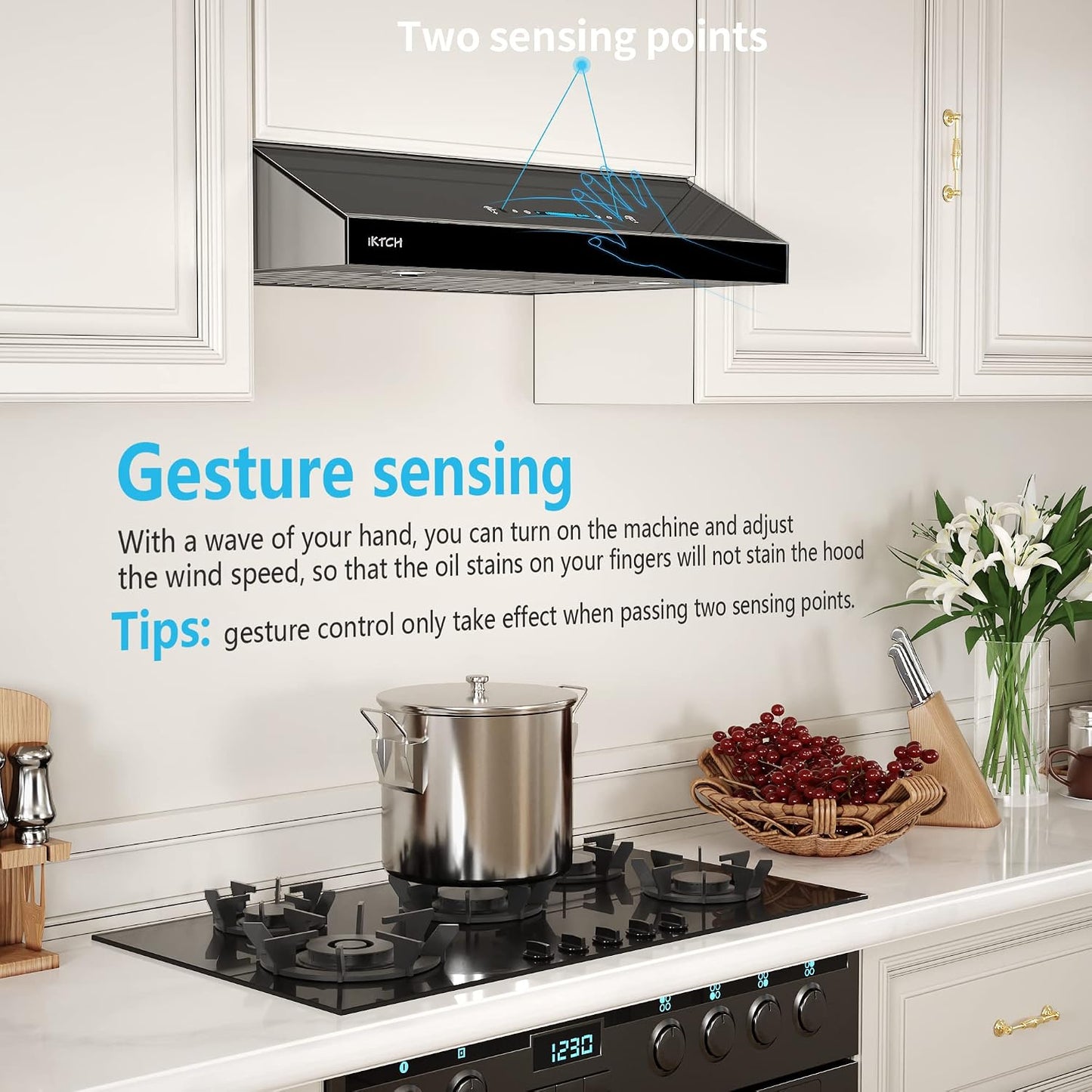 IKTCH Upgrated 30"Under Cabinet Range Hood, 900 CFM Ducted Range Hood with 4 Speed Fan, Stainless Steel & Black Tempered Glass Range Hood 30 inch with Gesture Sensing&Touch Control Making life Smarter