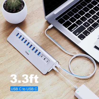 Powered USB Hub, Intpw 9-Port USB 3.2/USB C Hub with 10Gbps, 5*USB 3.0 + 45W PD Charging Ports, 3.3FT Cable and 65W Power Adapter, Aluminum USB Extender Hub for iphone16/ipad/Macbook/Laptop,PC