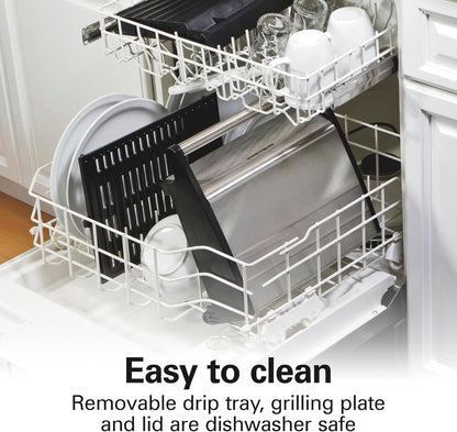 Hamilton Beach Electric Indoor Searing Grill Removable Easy-To-Clean Nonstick Plate, 6-Serving, Extra-Large Drip Tray, Stainless Steel (25360)