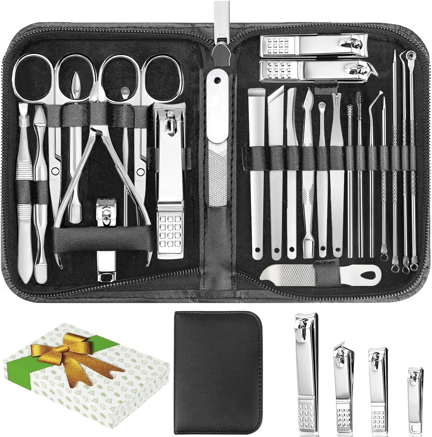 Nail Clippers Set, 26 Piece Manicure Set & Pedicure Kit, Stainless Steel Fingernail & Toenail Clipper Cutters, Professional Nail Care Tools with Luxurious Travel Case for Men and Women, Black