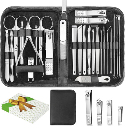 Nail Clippers Set, 26 Piece Manicure Set & Pedicure Kit, Stainless Steel Fingernail & Toenail Clipper Cutters, Professional Nail Care Tools with Luxurious Travel Case for Men and Women, Black