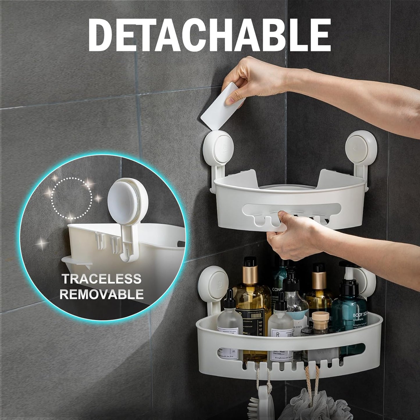 LEVERLOC Shower Caddy Suction Cup, 2 Pack Black Shower Shelf with Hooks and Soap Holder, NO-Drilling Bathroom Organizer, Rustproof Metal Bathroom Storage and Organization