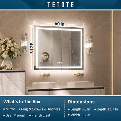 TETOTE LED Bathroom Mirror 20x28 Frontlit & Backlit Lighted Vanity Mirror Anti Fog Stepless Dimmable 3 Colors White/Warm/Natural,Double Lights,Wall-Mounted(Horizontal/Vertical)