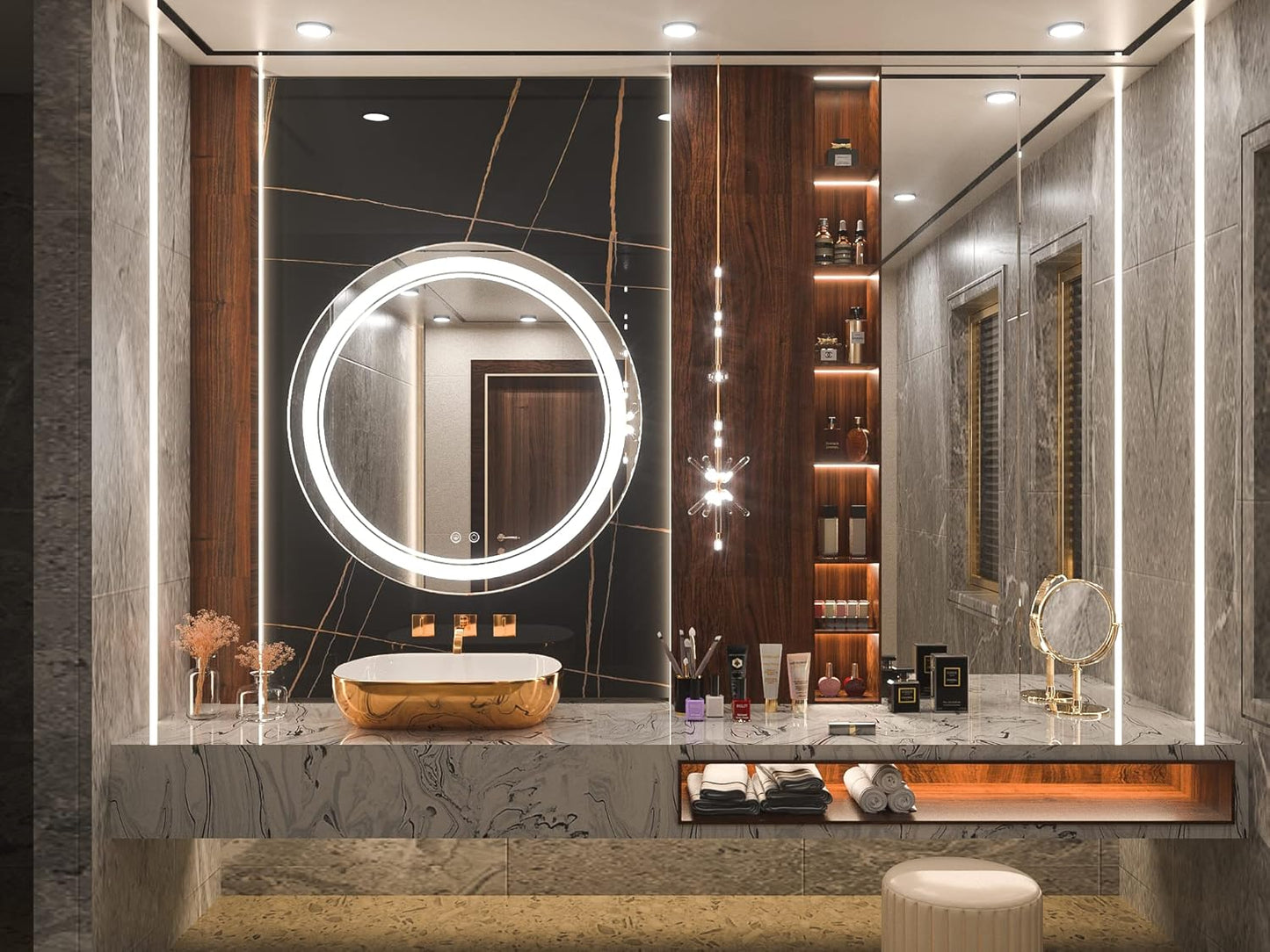 TETOTE 28 Inch Round LED Bathroom Vanity Mirror, Anti-Fog Dimmable Lights IP54 Waterproof Circle Makeup Wall Mounted Mirror