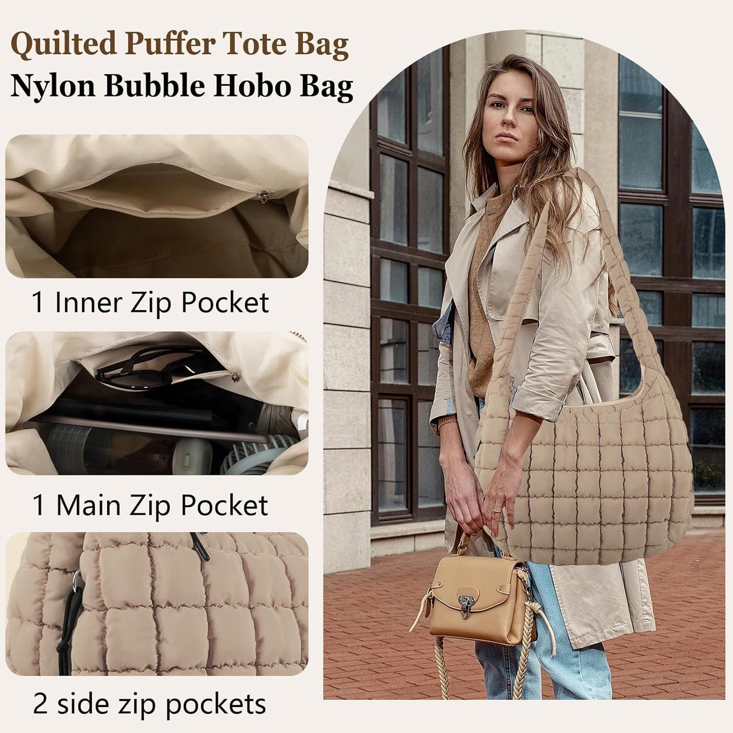 Quilted Puffer Tote Bag Large Crossbody Shoulder Bag with Zipper, Nylon Hobo Oversized Handbag
