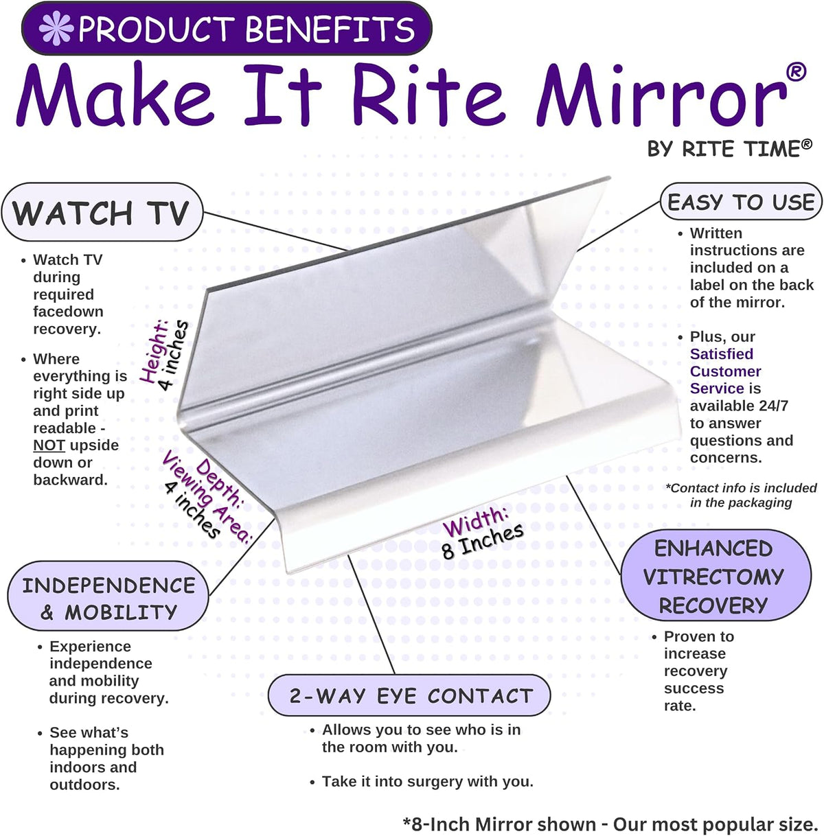 8" Rite Time 2-way Make It Rite Mirror for face down vitrectomy eye sight recovery (8" wide x 4" tall)