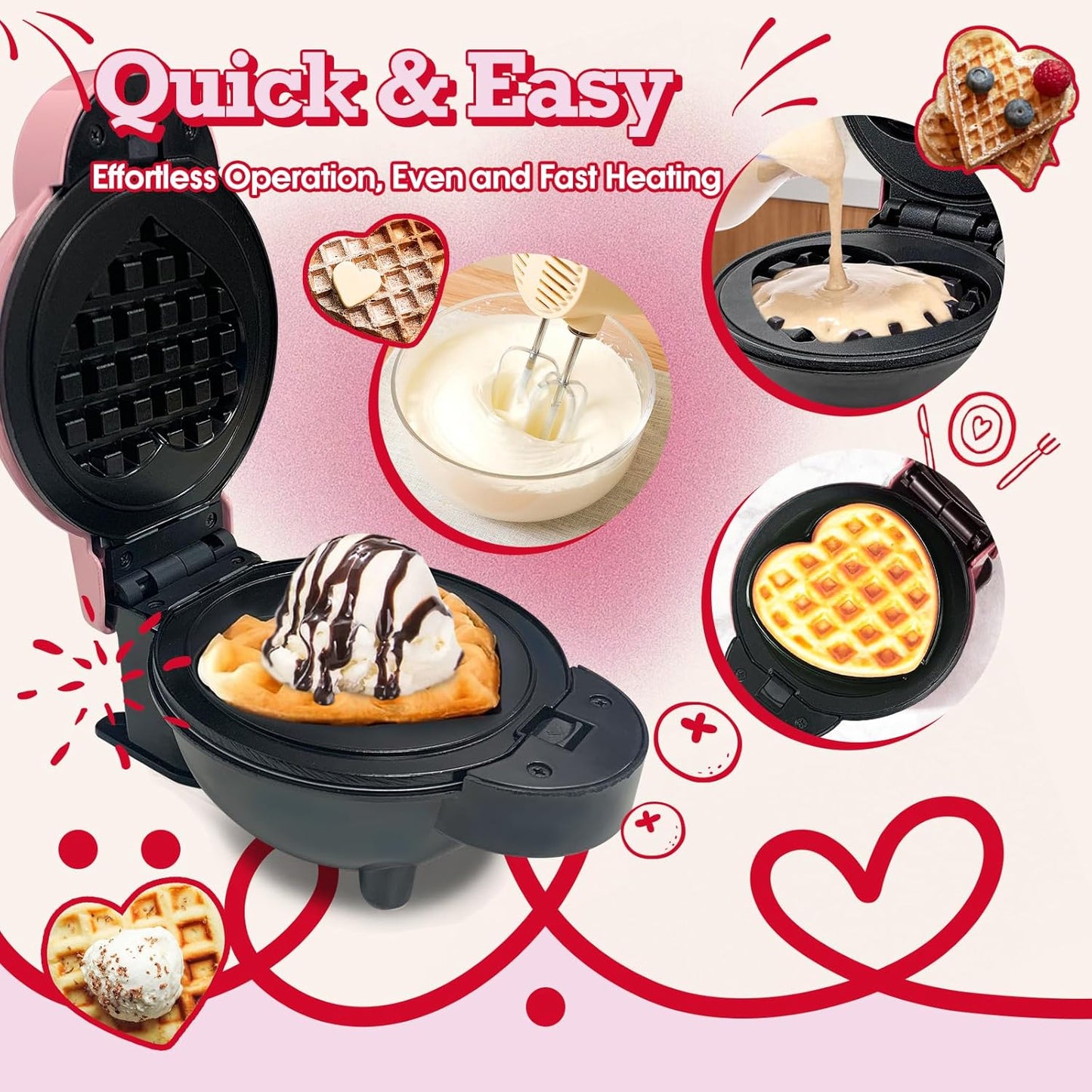 GVAKMM Mini Waffle Maker(Heart),Small Waffle Maker Keto,Mini Wafflera Iron for Kids Family and Individuals,4'' Non Stick Cooking Plates with Fast & Even Heating(Pink)