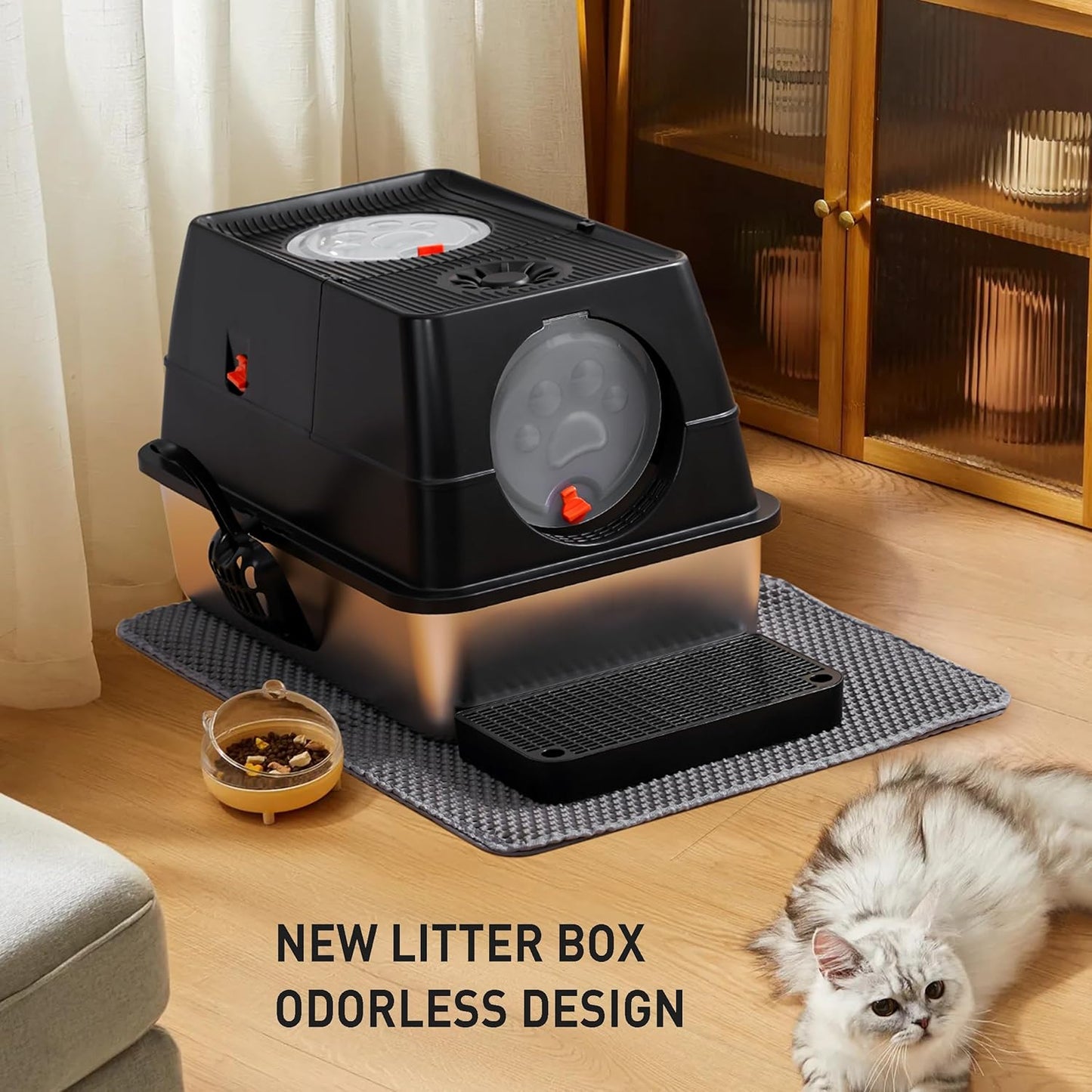 Citylife Stainless Steel Litter Box with Lid Flip-Top Removable High Enclosed Cat Litter Box with Litter Mat Step&Litter Scoop Metal Litter Pan Easy Cleaning Odor-Resistant Large Space for Cats Black