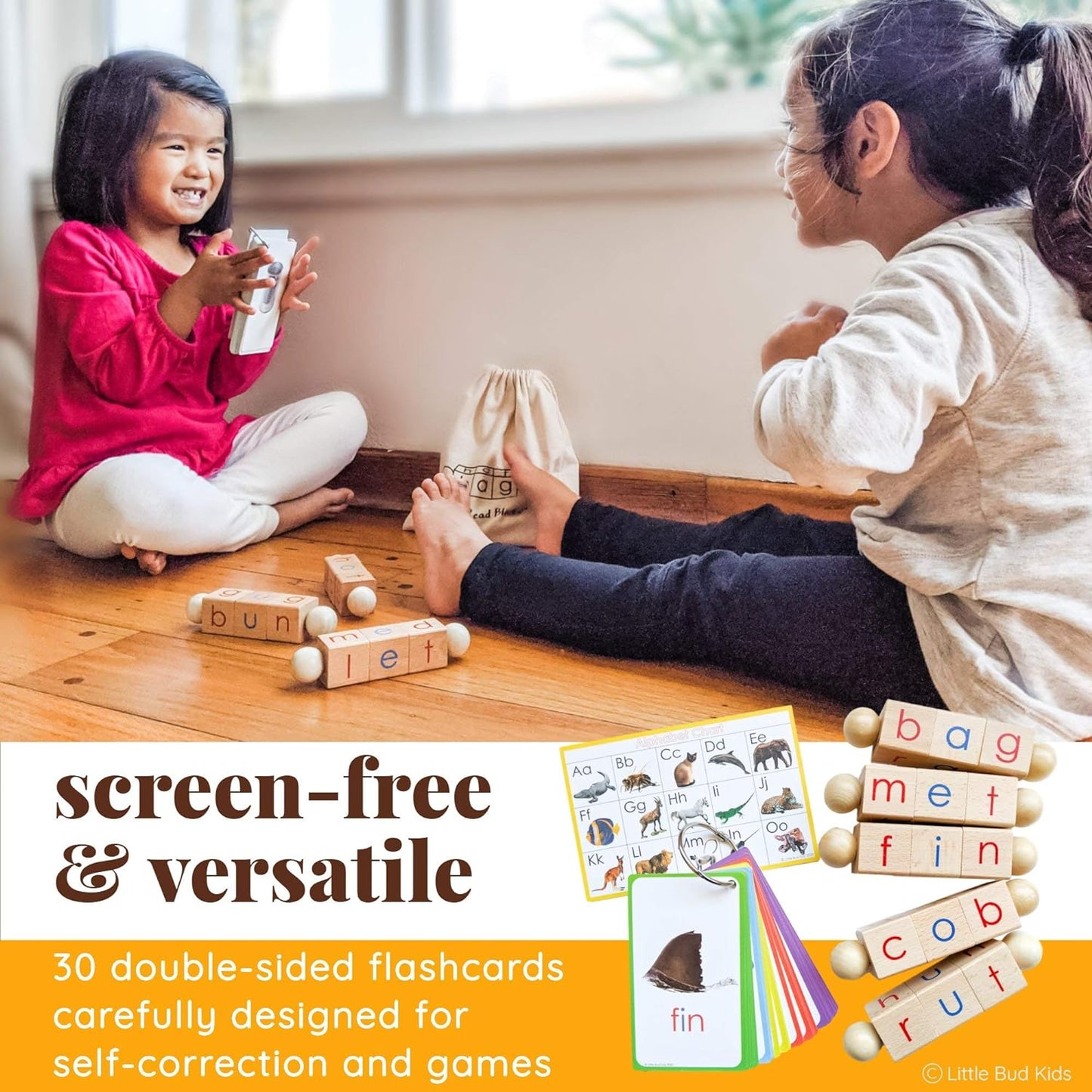 Little Bud Kids Spin-and-Read Phonics Toy, Rotating Wooden Reading Blocks with CVC Flash Cards, A Montessori Reading Learning Resources Toy for 3-5 Years Old