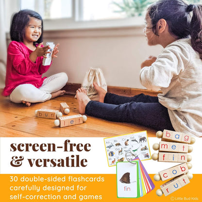 Little Bud Kids Spin-and-Read Phonics Toy, Rotating Wooden Reading Blocks with CVC Flash Cards, A Montessori Reading Learning Resources Toy for 3-5 Years Old